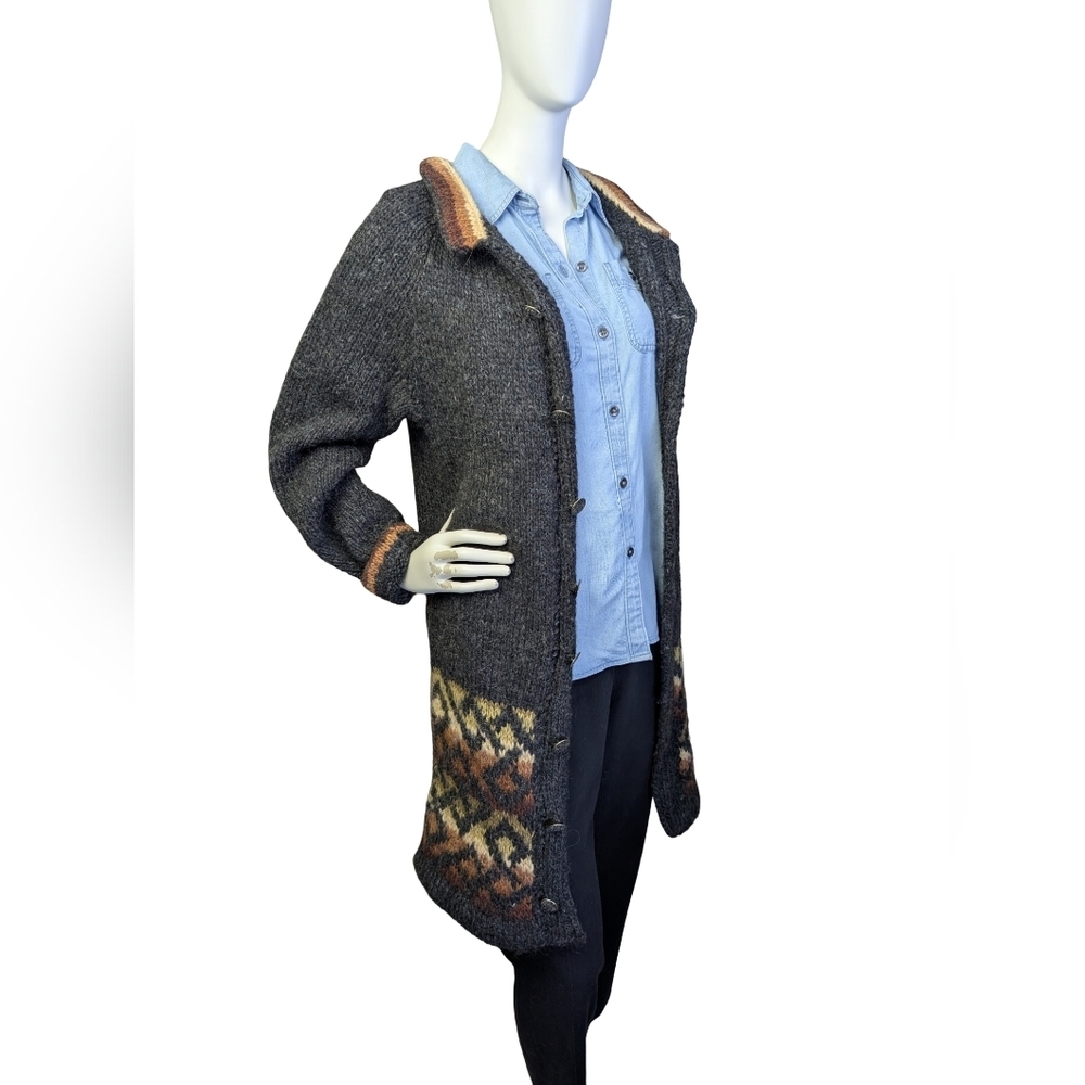 Hand Knit Longline Cabin Cardigan | Earth Tones | Size Small - Picture 7 of 9